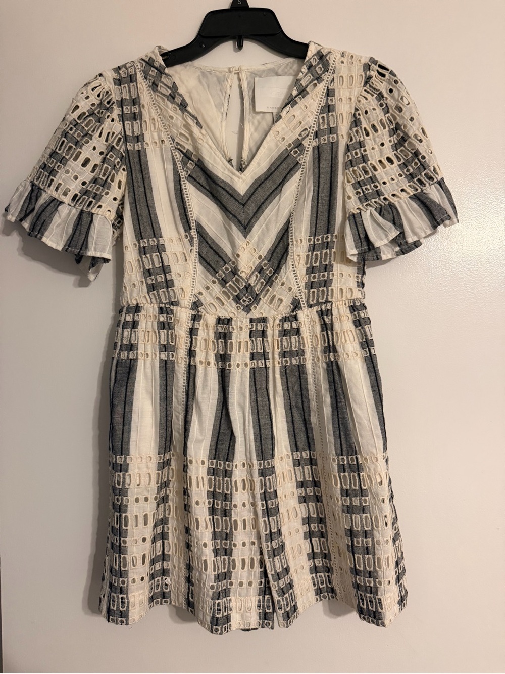 Anthropologie Cream and Gray Striped Eyelet V-Neck Dress